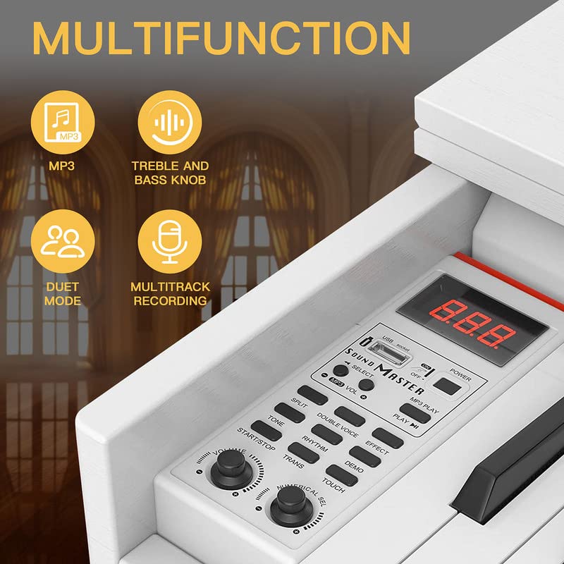 88-Key Weighted Digital Piano, Full-Size Semi-Weighted Upright Flip Electric Keyboard Piano with 3 Pedal and Multi-Functional Keyboard for Beginner(with Bench,White）