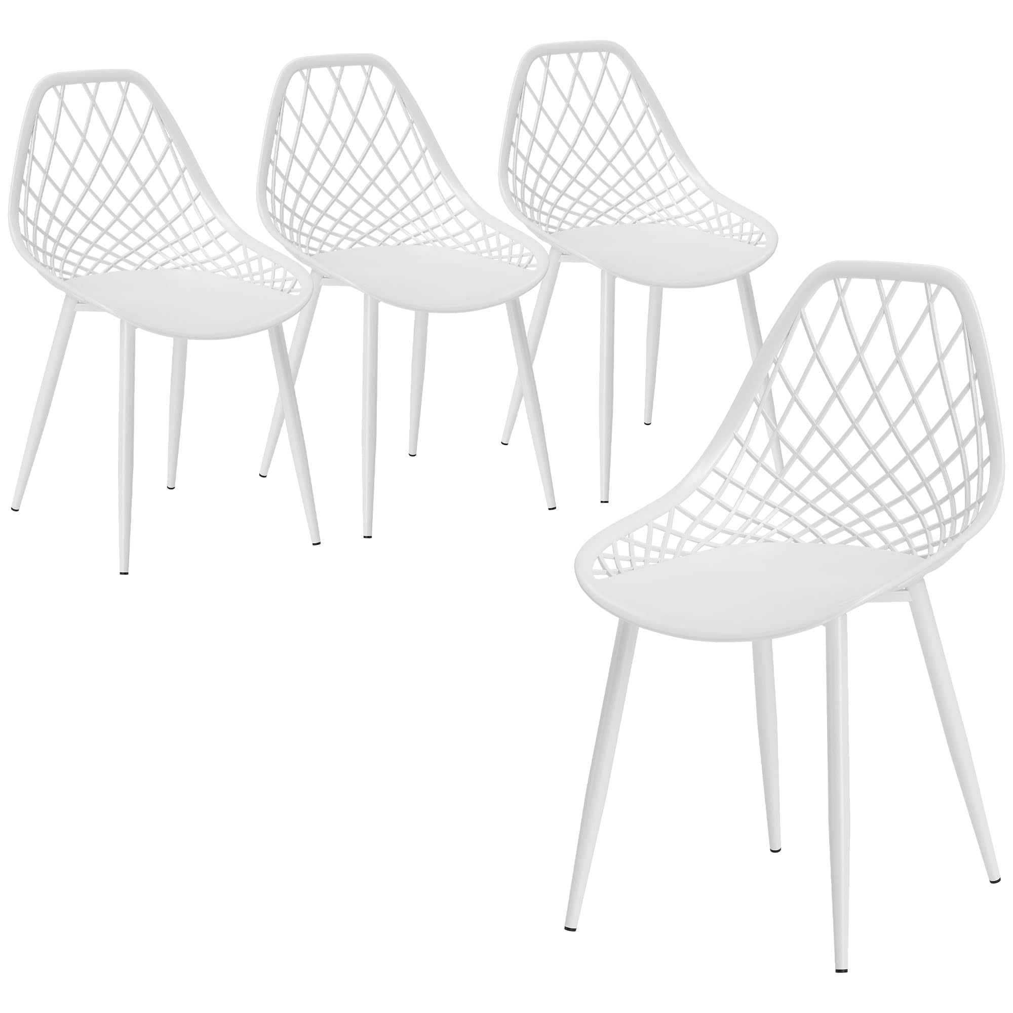 HOMCOM Set di 4 Sedie Sala da Pranzo, Sedie da Cucina Moderne con Schienale Curvo e Traforato e Gambe in Metallo, Sedia in Plastica per Cucina, Camera da Letto e Soggiorno, Bianco