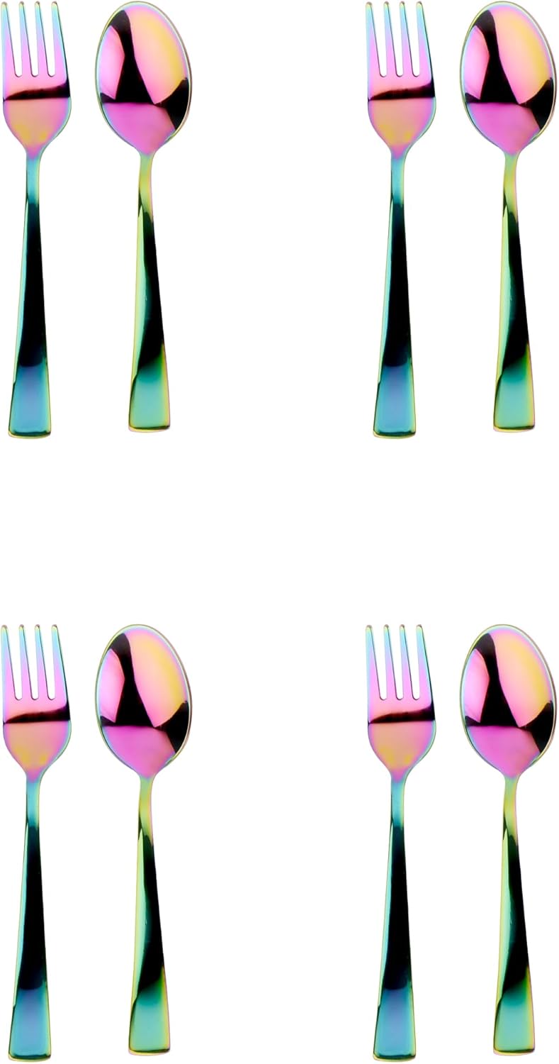 Ahimsa Kids Stainless Steel Utensils, 8 Piece Kid Forks and Spoons Set, Pediatrician Designed Rainbow Silverware, 100% BPA Free & Dishwasher Safe (Rainbow)