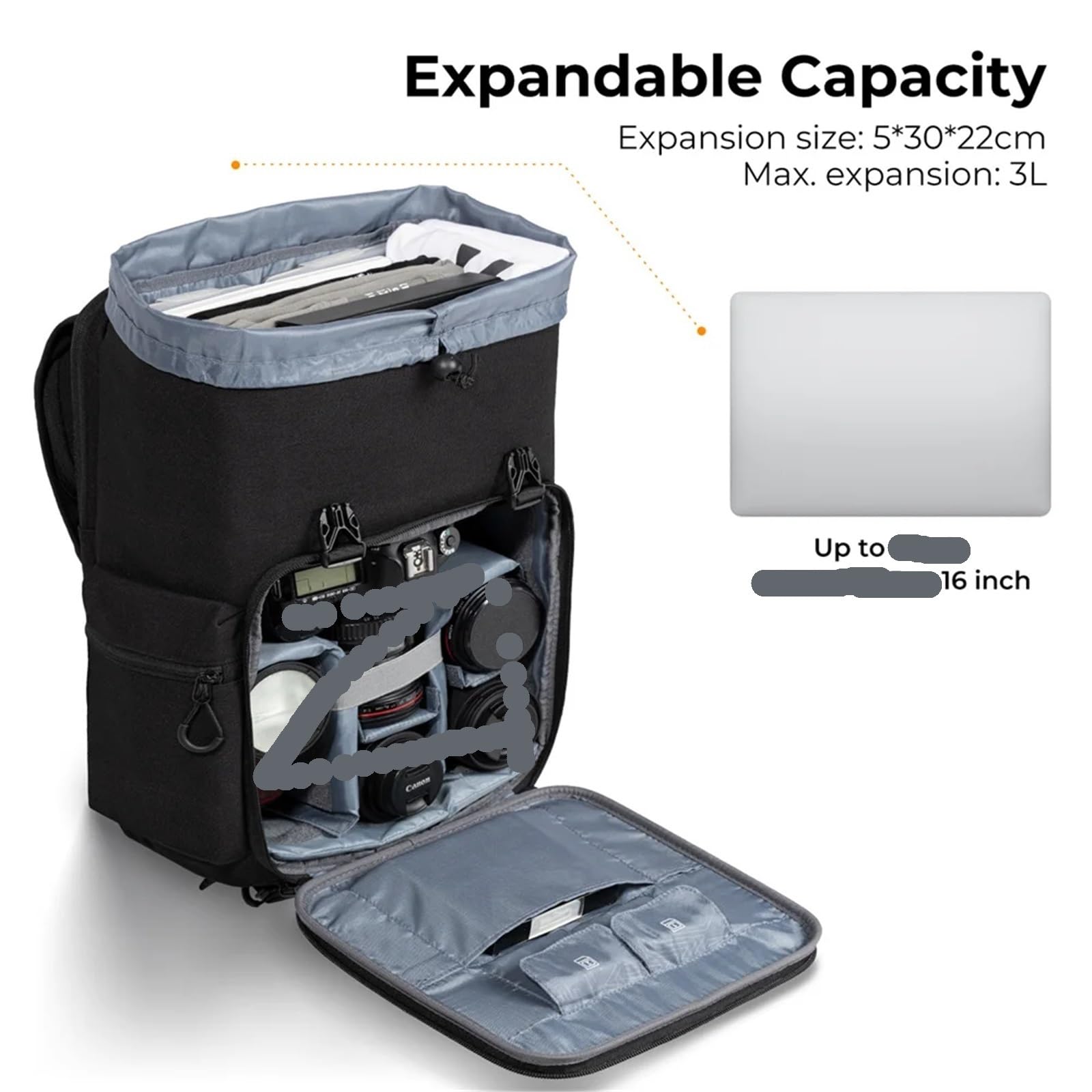Bolsa para Cámara Mochila Bolsa 25L 15.6" Cámara Compartimento for computadora portátil DSLR/SLR Estuche for cámara sin Espejo(Black)