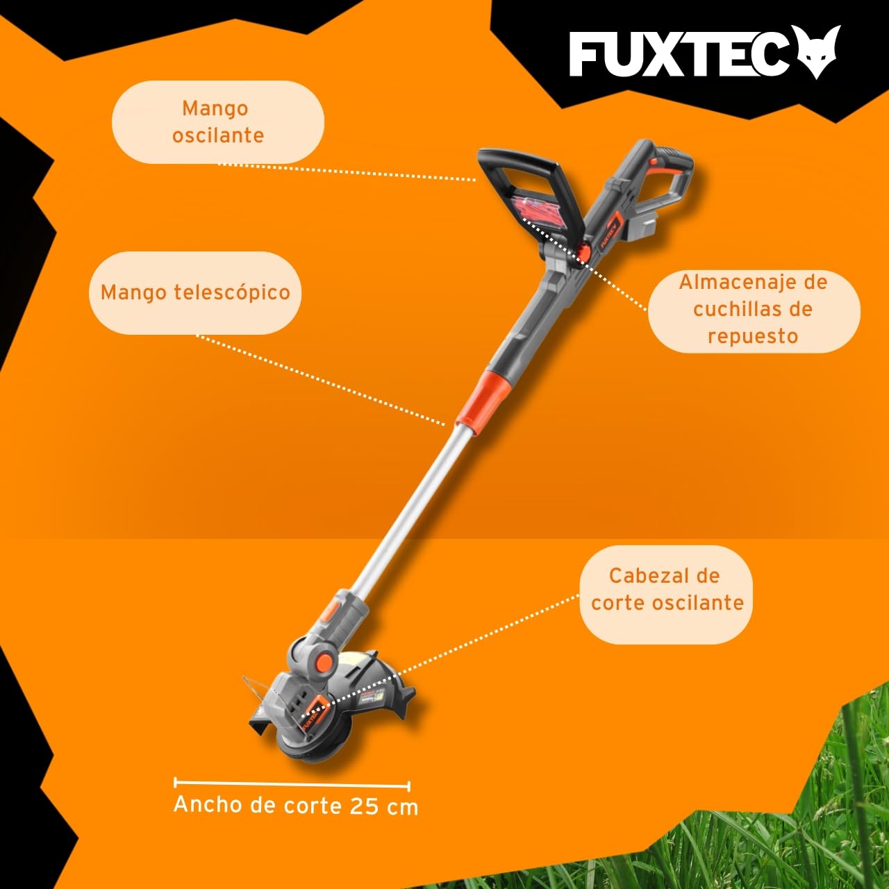 Desbrozadora - Recortadora a batería 20V FUXTEC FX-E1RT20 - Set con batería de Iones de Litio de 2Ah y Cargador de 1A - Ancho de Corte de 25 cm