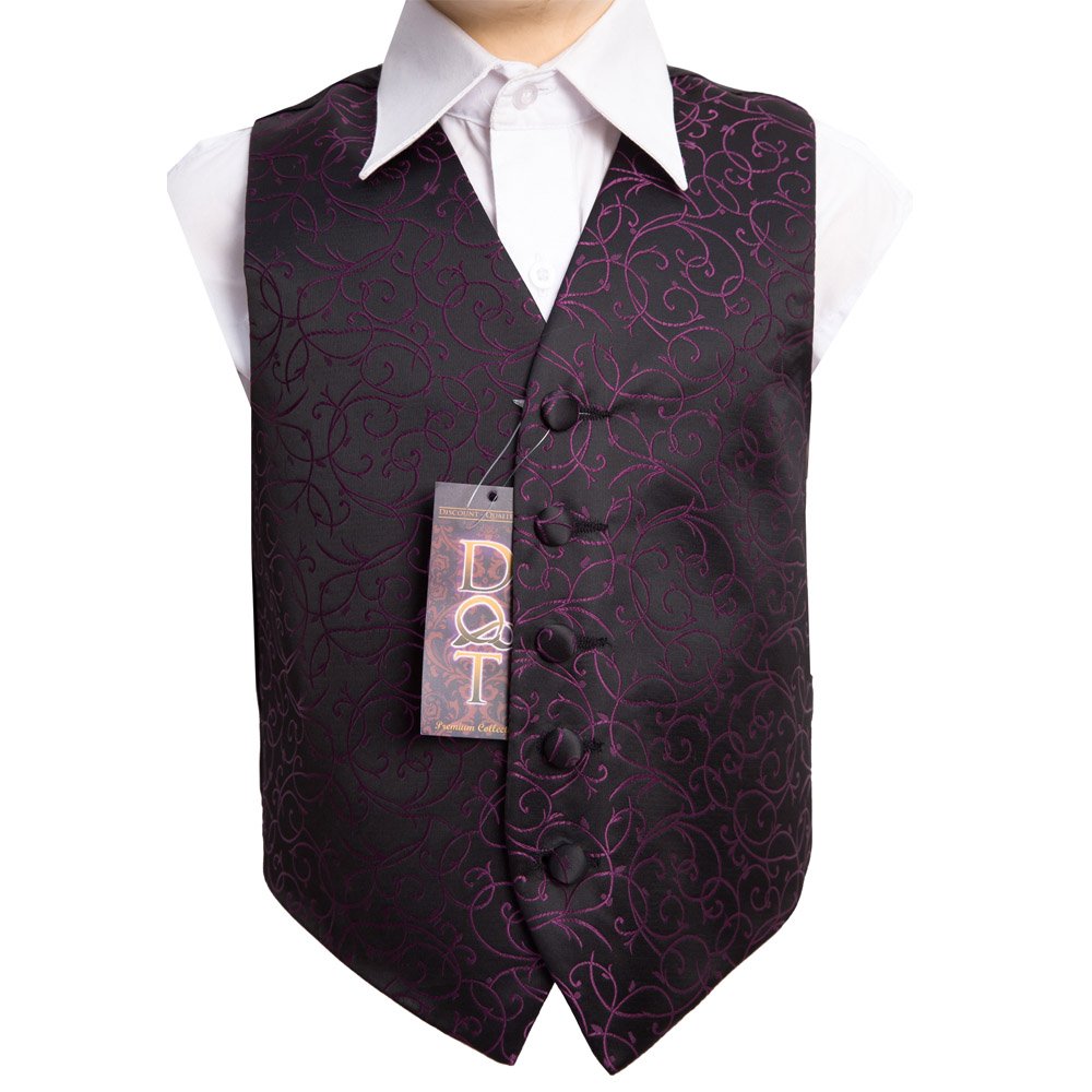 Dqt Boys Black And Purple Swirl Floral Jacquard Wedding Waistcoat For Page And Formal Suit - 2 Years 22"