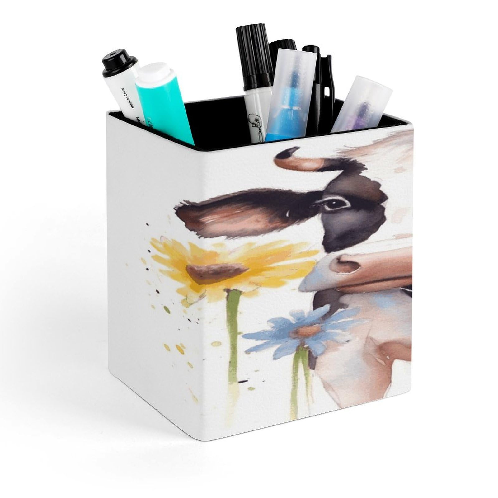 FekiLoot Watercolor Cow And Daisy Flower Pen Holder for Desk Minimalist Leather Pencil Holder Fashion Modern Pencil Cup Decorative Square Pen Cup Locker Organizer for Office Work Locker Accessories