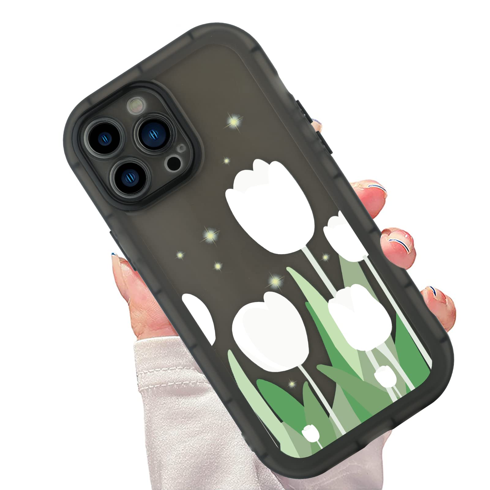 Marphe Compatible with iPhone 13 Pro Max Case 6.7 Inch, Cute White Floral Flower Pattern Phone Case for Women Girls, Shockproof Full Camera Protective Girly Cover for 13 Pro Max-Black