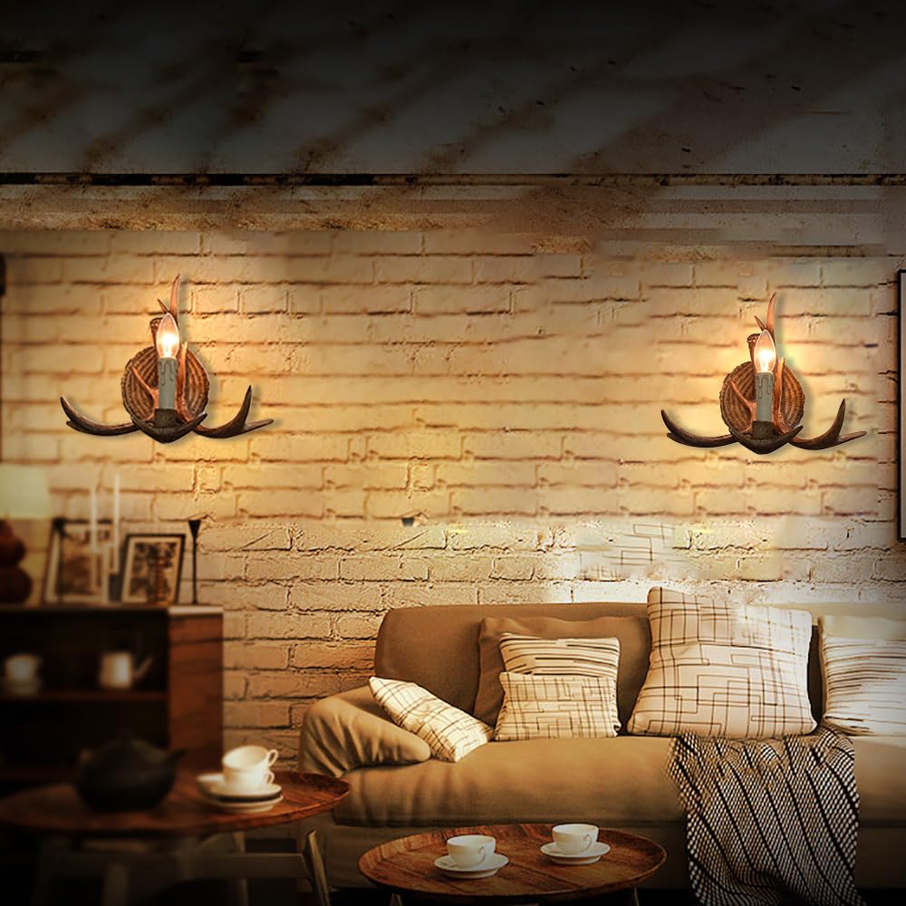 KZT Vintage Industrial Wandleuchte Innen E27 Retro Kerzen Wandlampe Geweih Design Wandlicht Rustikal Kreativ Harz Wandbeleuchtung für Schlafzimmer Wohnzimmer Küche Cafe Bar Flurlampe ohne Glühbirne