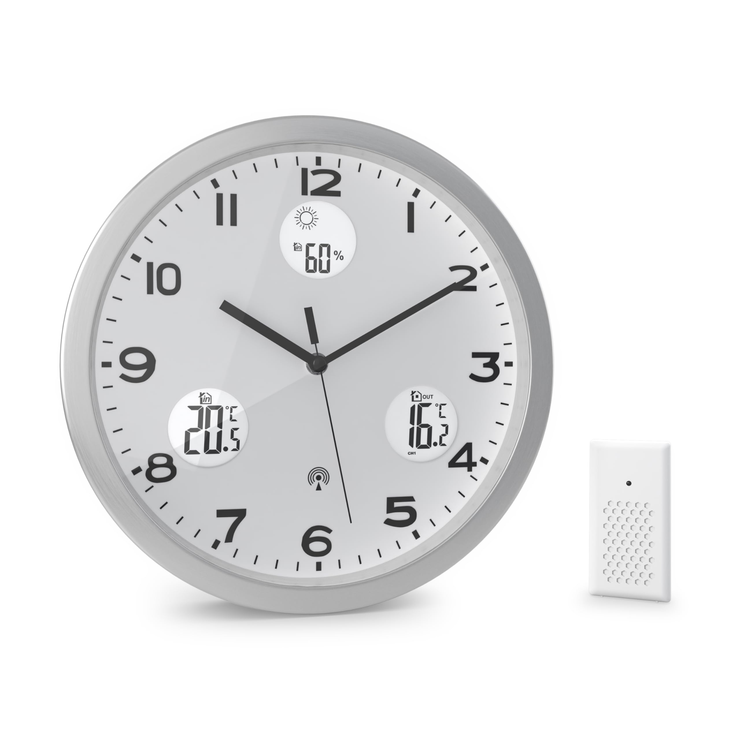 Mebus Reloj de Pared inalámbrico, Esfera Blanca, indicador de Temperatura Interior y Exterior, con transmisor Exterior, Humedad del Aire, Modelo 13150