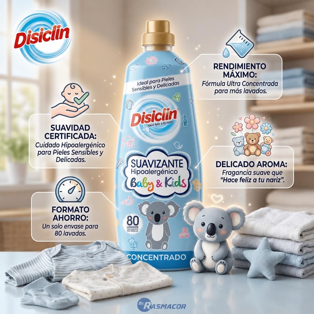 Disclin Baby & Kids | Pack 10 unidades Suavizante Concentrado Hipoalergénico Ideal para Ropa de Bebé y Niño | Aroma Suave y Fresco | Pieles Sensibles y Delicadas | 80 Lavados - 1440 ml | RASMACOR