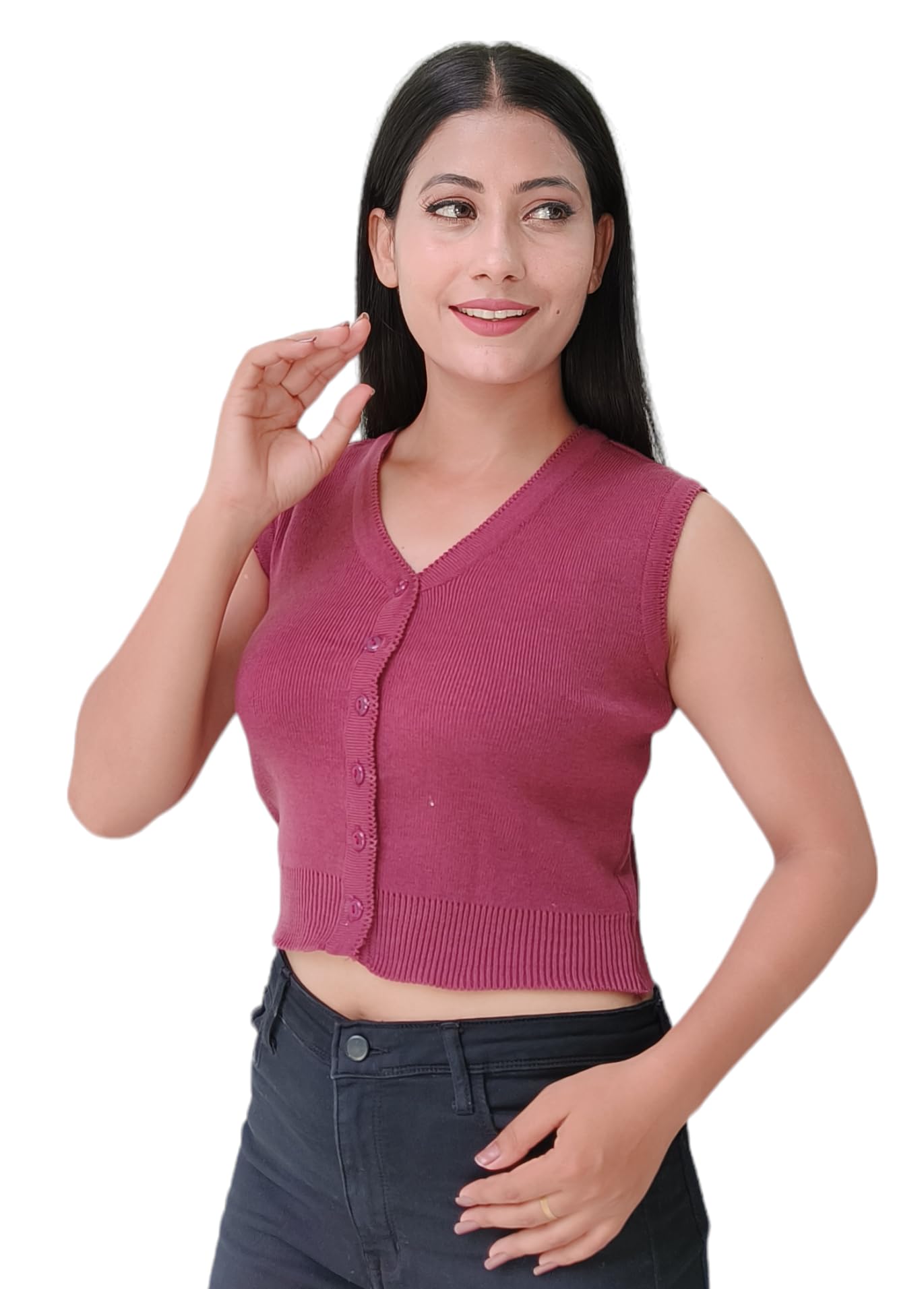 leafbird Kuku Hosiery Woolen Sleeveless Saree Blouse & Crop Sweater for Women| Crop Winter top|Winter wear for Adult Girls/Women |-picture-16
