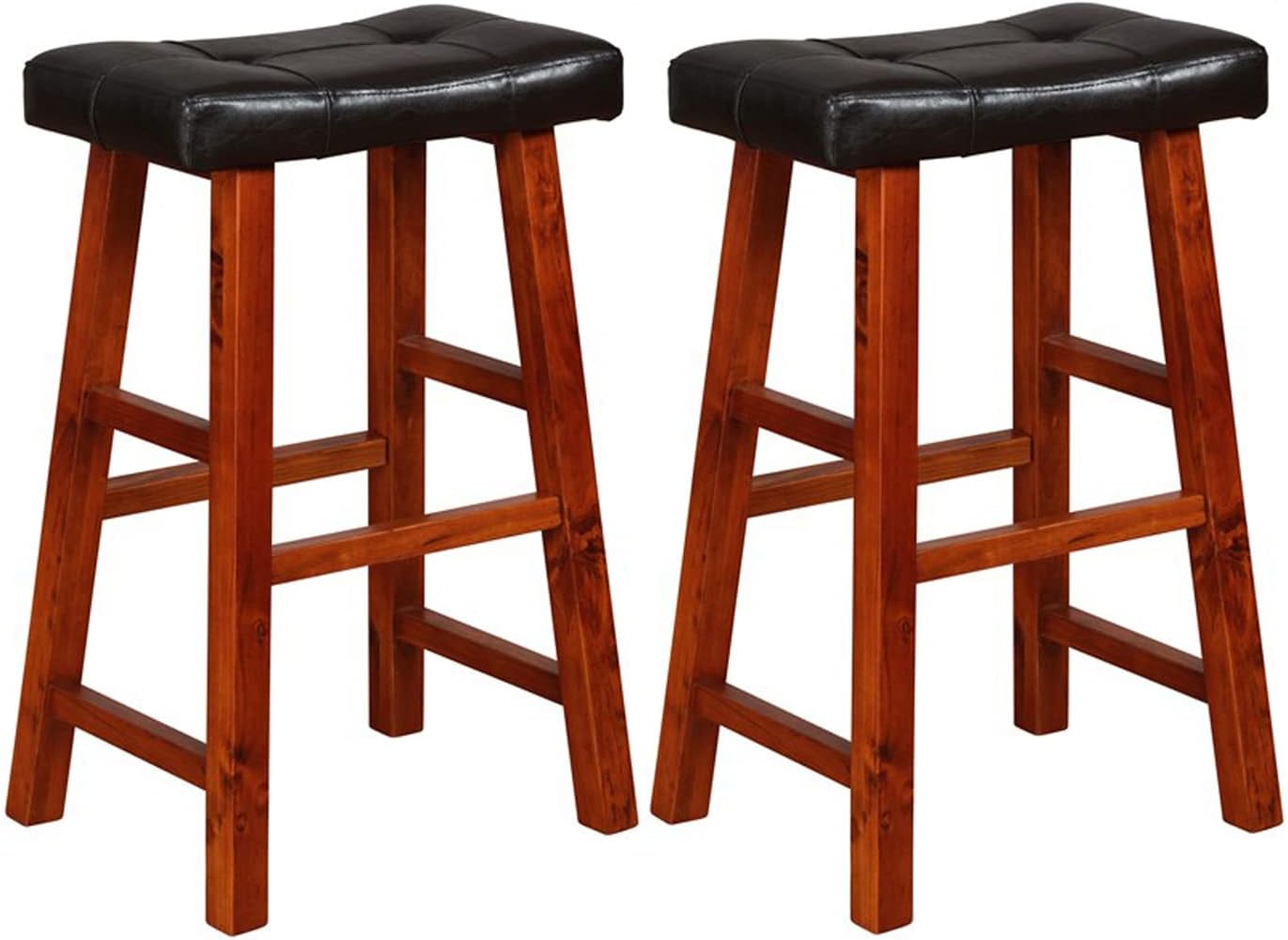 eHemco Heavy-Duty Padded Faux Leather Saddle Espresso Seat Kitchen Counter Barstools, 29 Inches, Dark Oak Legs, Set of 2