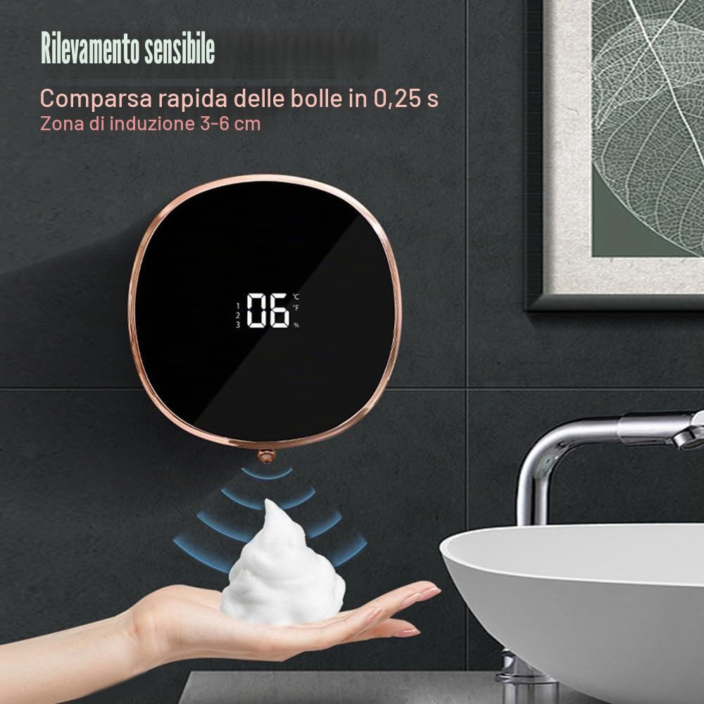 Dispenser Sapone Automatico, 280ML Distributore Sapone con Sensore Regolabile a 3 Velocità, Dosatore Sapone Schiuma da Parete per Bagno, Cucina, Casa, Ufficio
