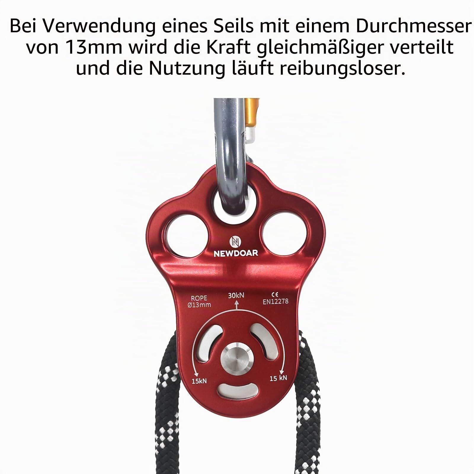 NewDoar 30 KN CE-zertifizierte DREI-Loch-Rettungs Kletterrolle Mikro Seilrolle für max. 13 mm Umlenkrolle mit Lager zum Abseilen, langlebige Seitenplatten