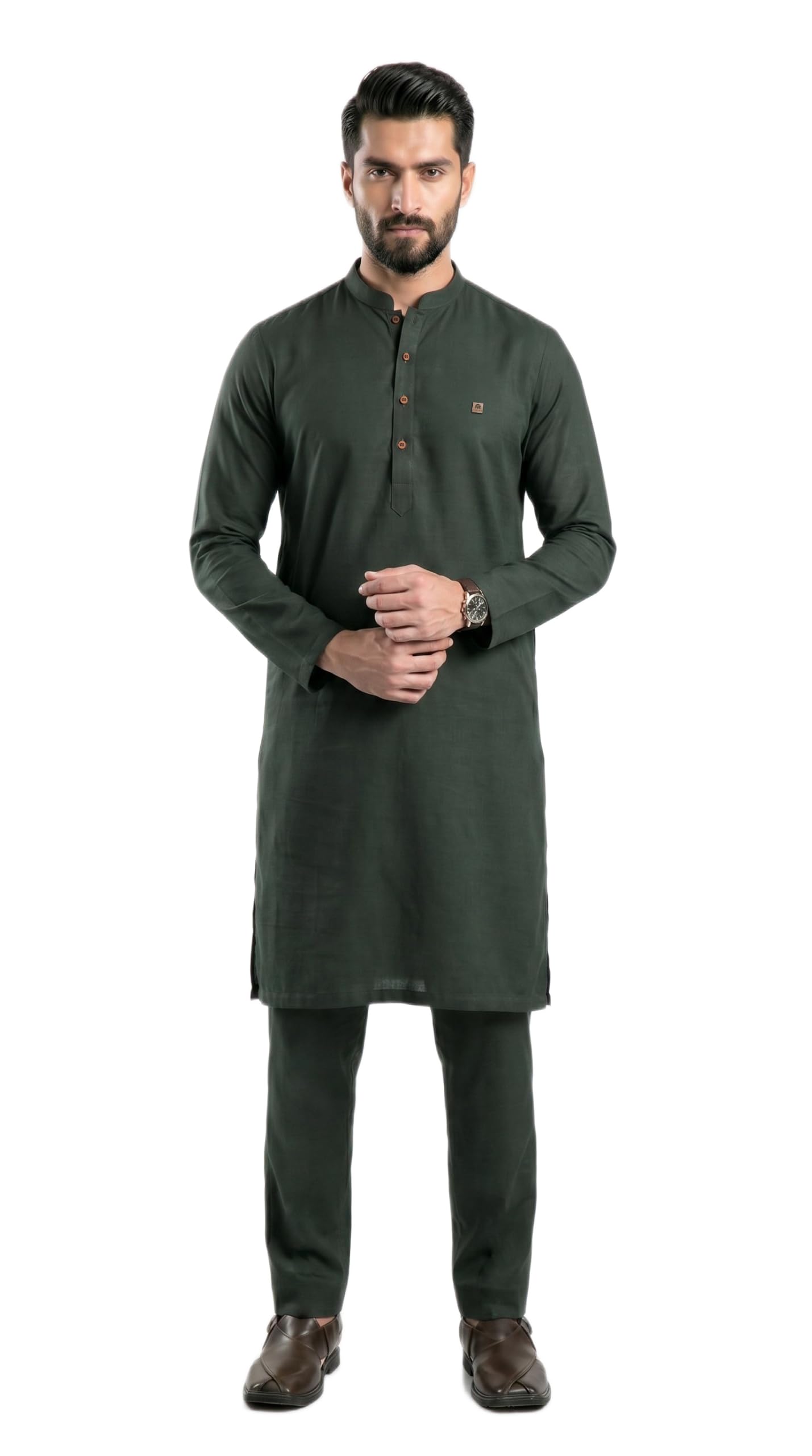 mashroo Men Kurta Pajama Set Green 100% Linen with Mandarin Neck for Casual and Festive Occasions-picture-13