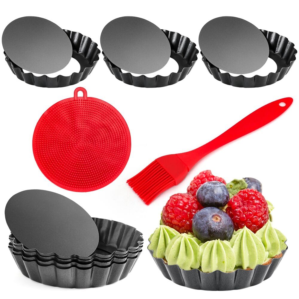 Quyimy 8 Packs 10cmTart Tins Quiche Dish Tart Pans 4 inch Removable Bottom Round Fluted Quiche Tins Non-Stick Round Carbon Steel Individual Pie Dishes with Oil Brush&Silicone Scrubber