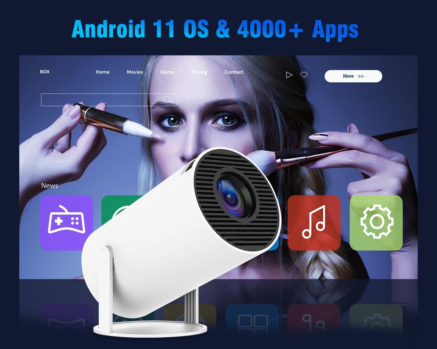 Mini Proyector portátil, WiFi6 BT 5.0 Android 11.0, proyector de video compatible con 4K 1080P, proyector de películas con corrección trapezoidal horizontal y rotación de 180° compatible con teléfonos