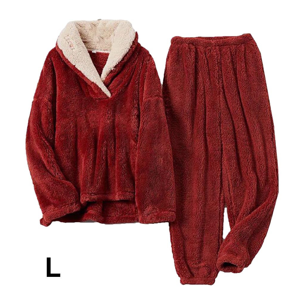 BEALIFE Pigiama da donna in pile corallo elegante e resistente | Set pigiama in flanella autunnale e invernale da donna in poliestere caldo in inverno, Winered L