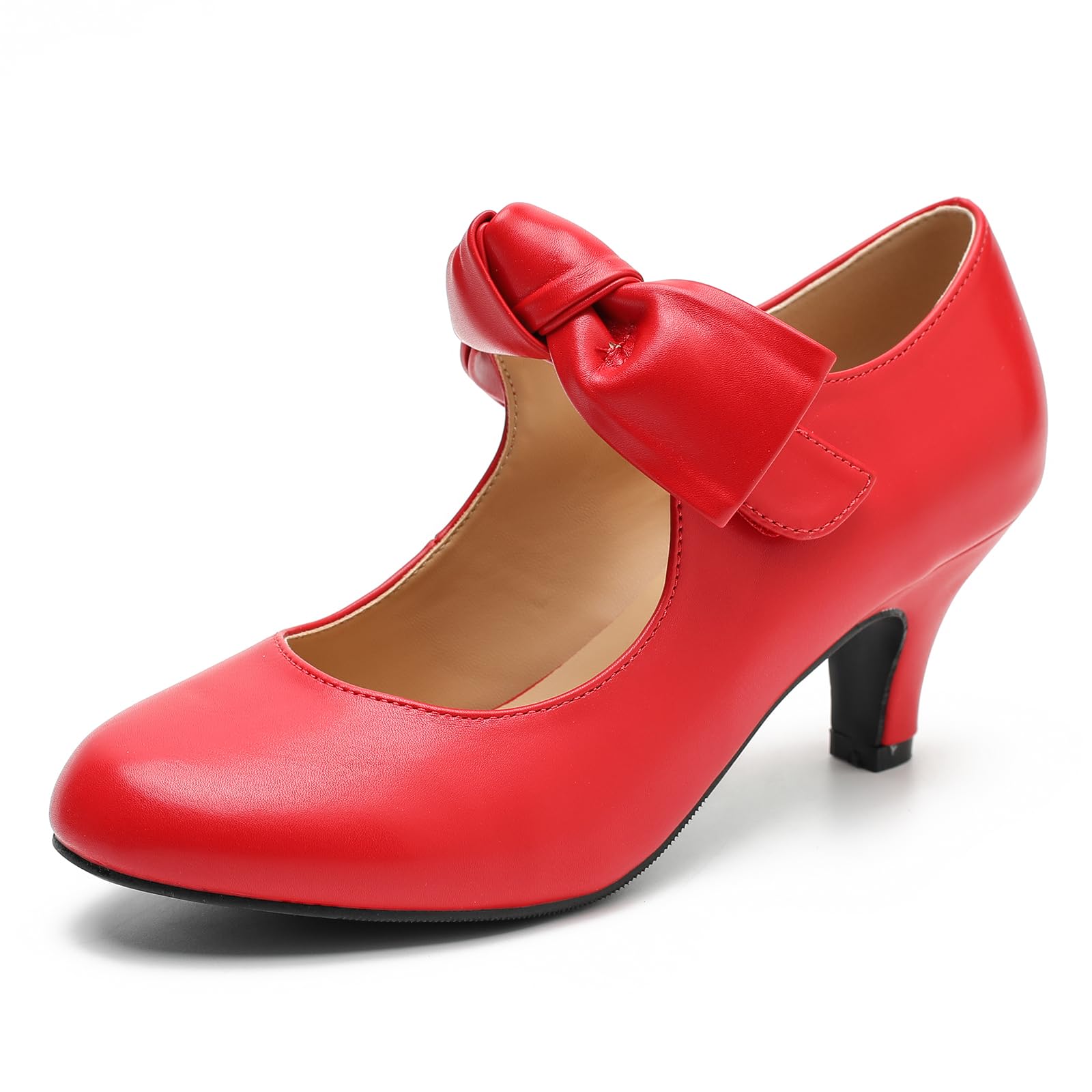 LIURUIJIA Women's Bow Heels Mary Jane Kitten Heel Pumps Round Toe Low Heels Ankle Strap Wedding Evening Party Dress Shoes