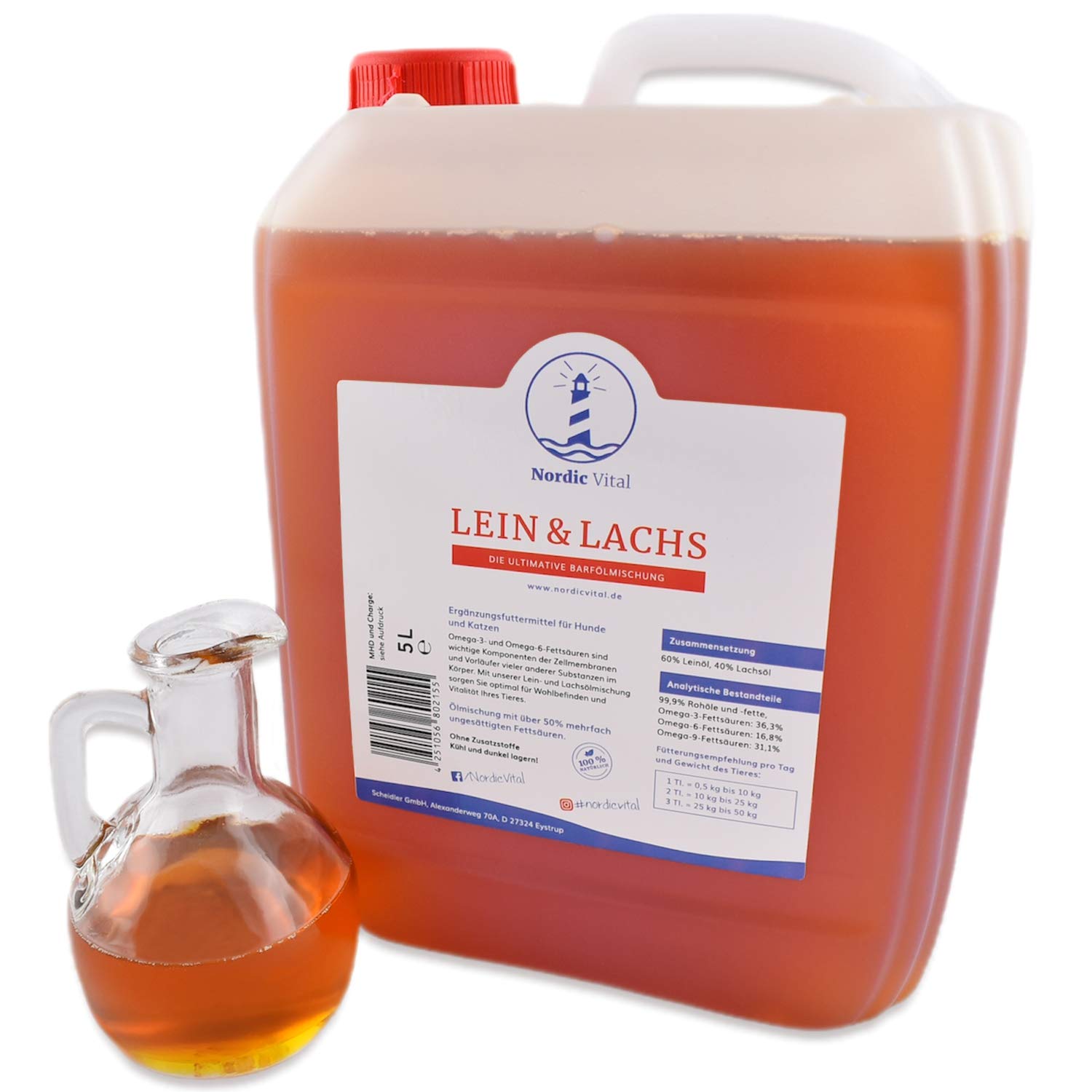 NordicVital Leinöl & Lachsöl Barföl Mischung für Hunde & Katzen– 5L Kanister, Omega 3, 6 und 9 – Naturprodukt Perfekt zum Barfen