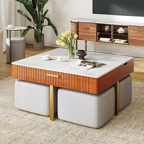 HERNEST Square Marbling Pattern Slate Coffee Table with 4 Stools Set Underneath White Lift Top Coffee Table with 1 Drawers 1 Hidden Stroage for Living Room HERNEST Square Marbling Pattern Slate Coffee Table with 4 Stools Set Underneath White Lift Top Coffee Table with 1 Drawers 1 Hidden Stroage for Living Room