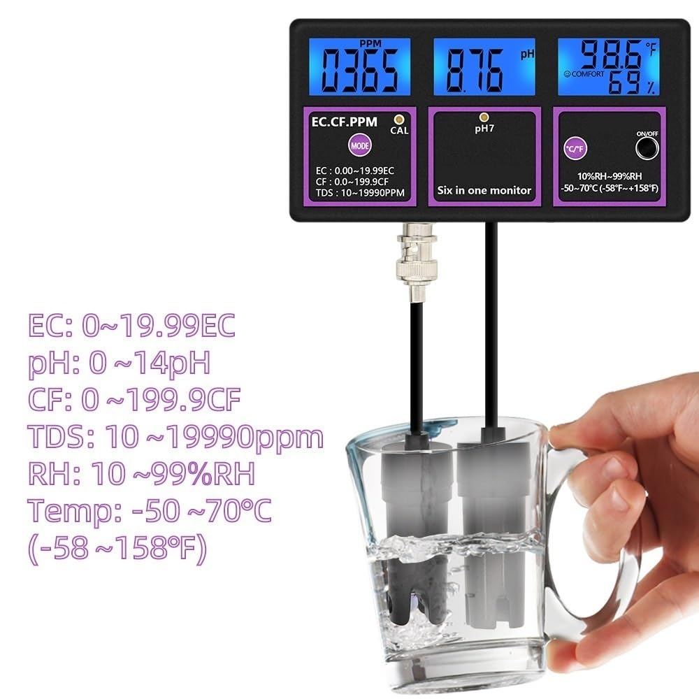 Monitor de humedad y temperatura 6 en 1 pH EC TDS Probador