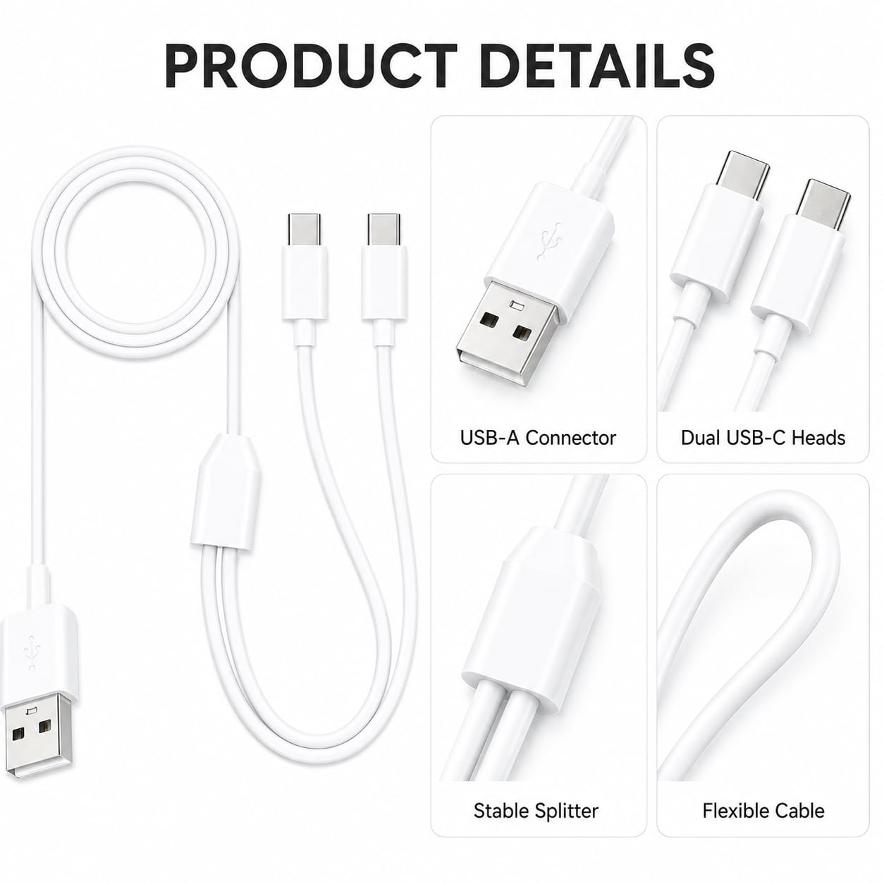 Cavo splitter USB-C 2 in 1 da 1,9 m, da USB A a tipo C, cavo di ricarica (bianco)