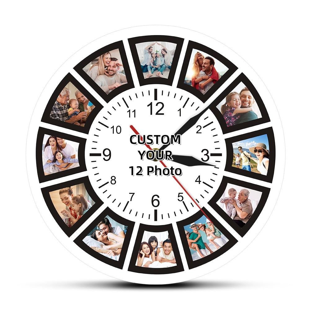 hadefa Custom Wall Clock, 12 Photo Collage Home Clock,Battery Driven Wall Clock For Living Room, Bedroom, Dining Room Decoration, 12 in (12 photos)