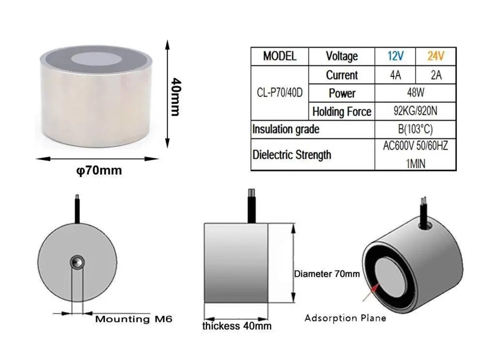 D70 mm x wys. 45 mm 92 kg 910N prąd elektryczny magnes magnetyczny magnes przyssawka elektromagnes 1 szt. (24 V)