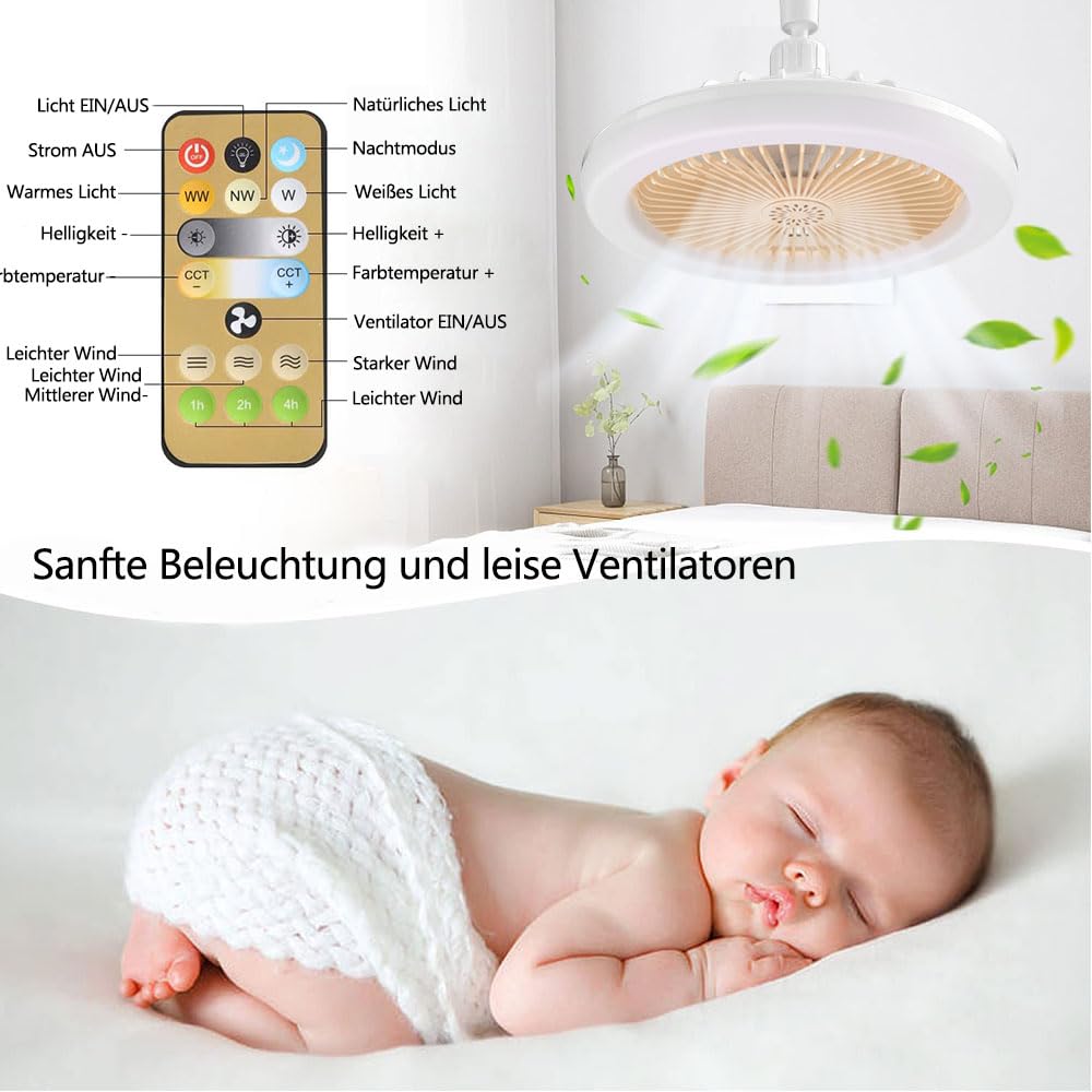 Anyingkai Bombilla Ventilador,Lampara Ventilador Techo,E27 Ventilador de Techo con Luz,Ventilador Lampara Techo,Ventiladores de Techo con Luz (Amarillo, 25cm)
