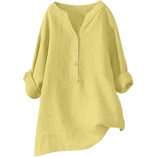 Linen Shirts for Women 2025 Buttons V Neck Cloths Long Sleeve Pockets Tshirt Trendy Dressy Blouses Casual Tunic Tops