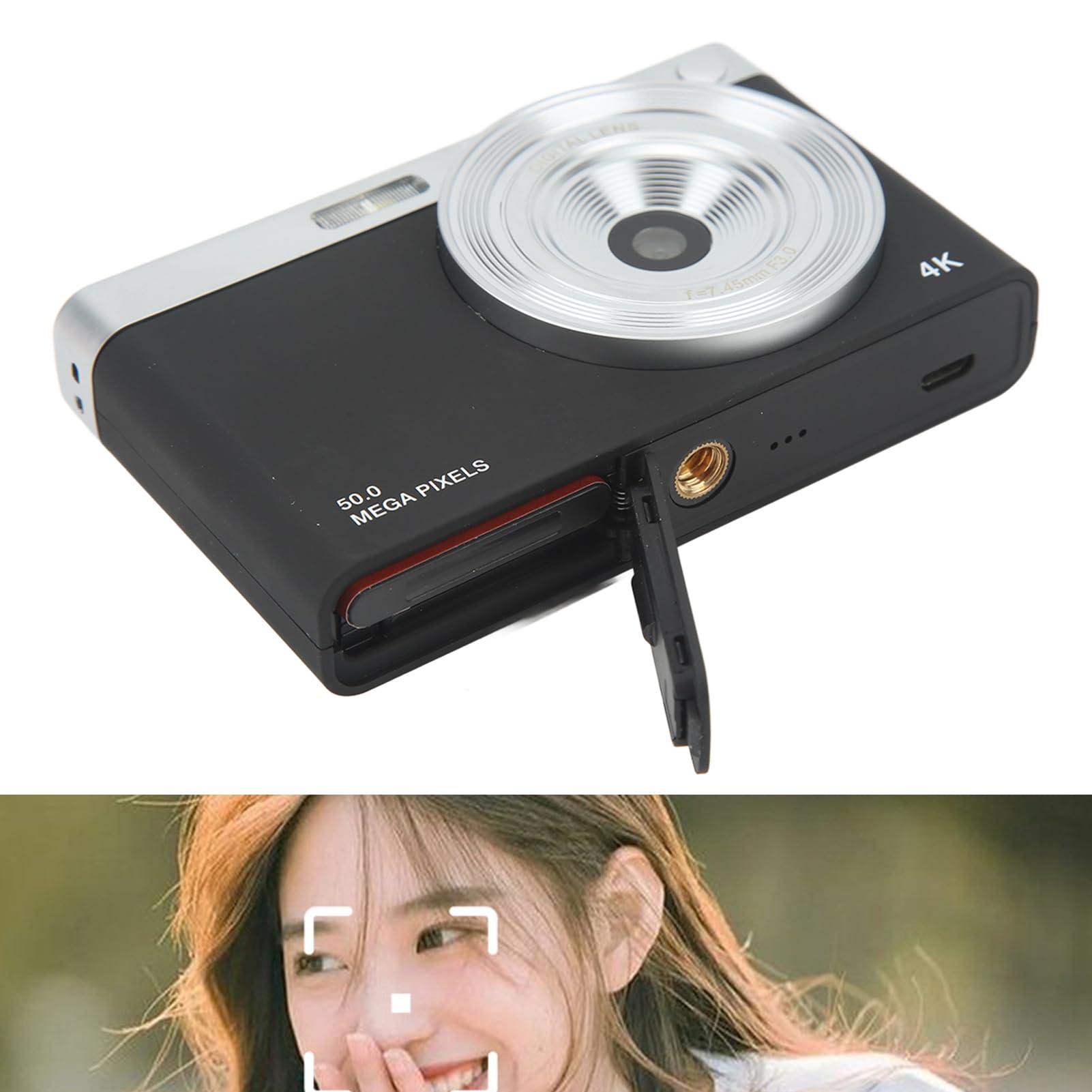 Aparat cyfrowy 4K, 16-krotny zoom 50MP AF Autofokus Vlogging Camera, 2,88-calowy aparat bezlusterkowy IPS HD z baterią, przenośna mini kamera LED Fill Light do fotografowania makro,(Czarny)