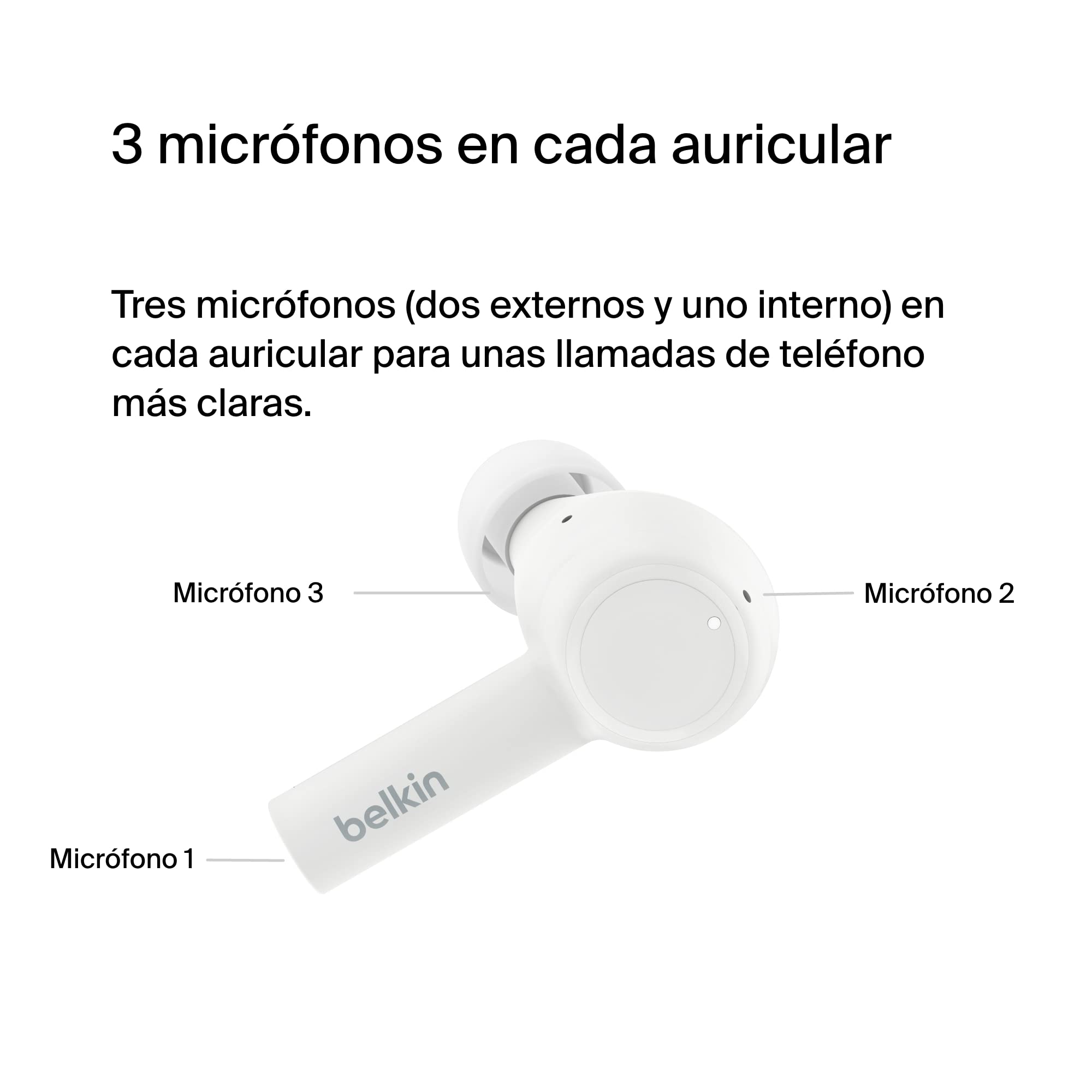 Belkin auriculares con cancelación del ruido SoundForm Pulse, estuche de carga inalámbrica y tres micrófonos por auricular, grado IPX5 de resistencia al agua, iPhone y teléfonos de Samsung - negros