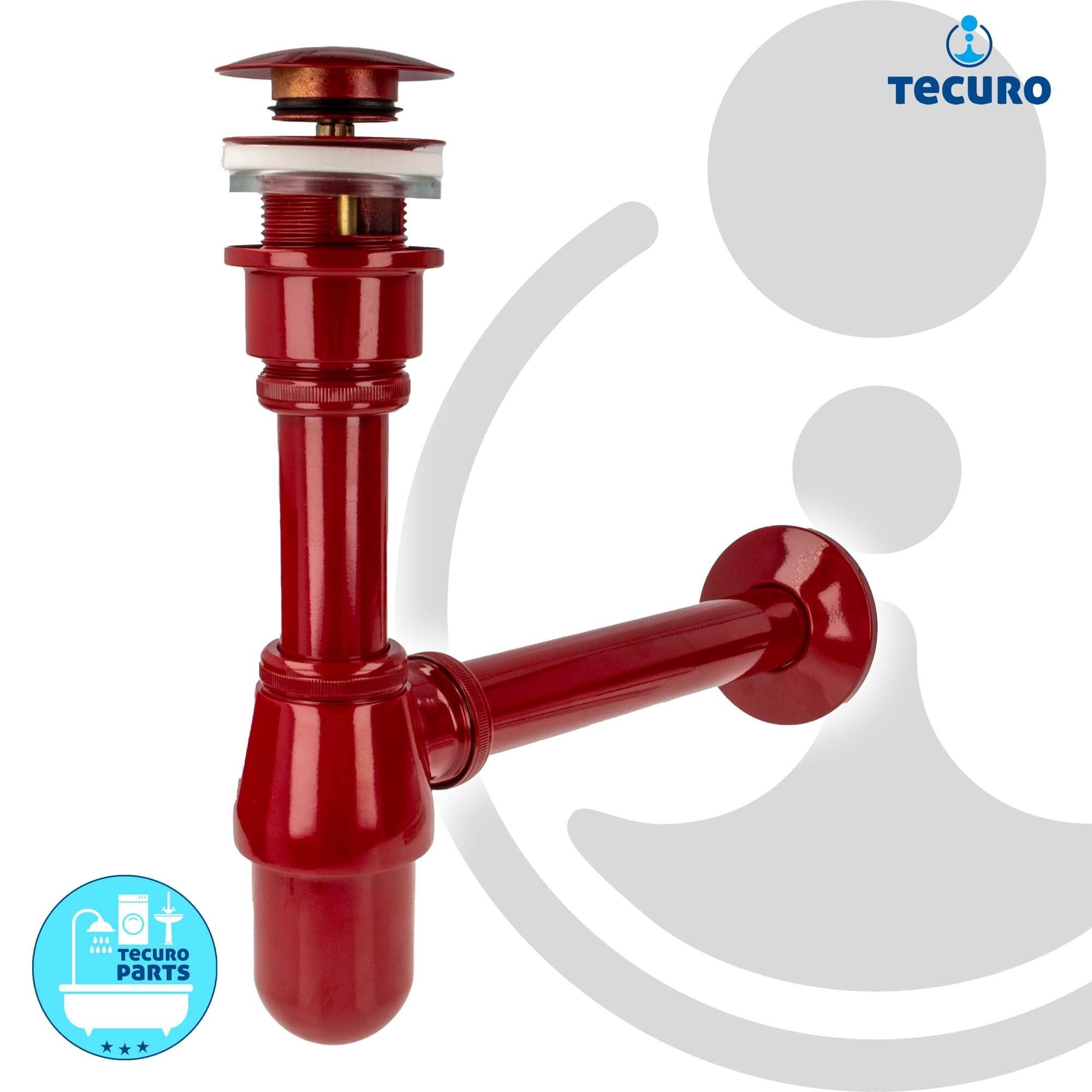 tecuro Siphon mit Pop Up Ablaufventil rot (RAL 3003) - Universal Set für Waschtisch/Waschbecken