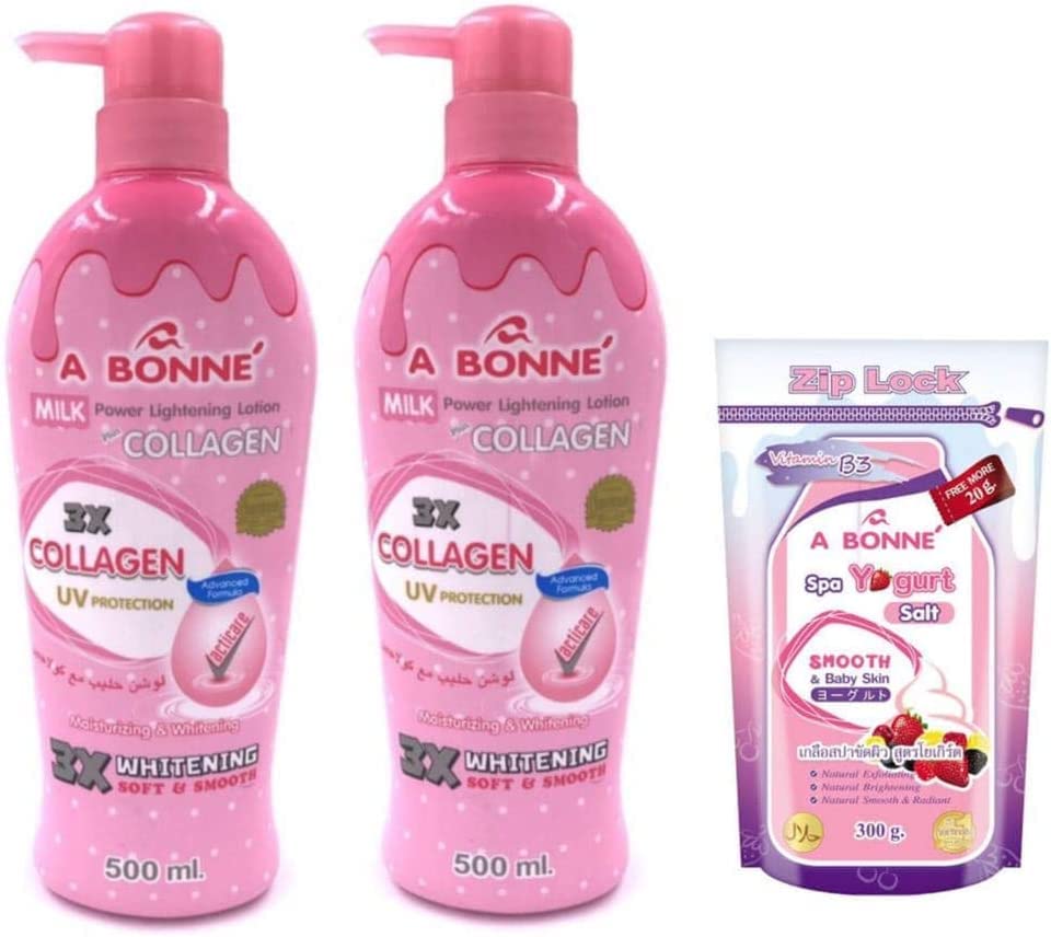 2x Bottles A Bonne Miracle Milk Power Lightenning Collagen Lotion 500ml + Yogurt Salt Scrub for Smooth Soft Skin by shineeu