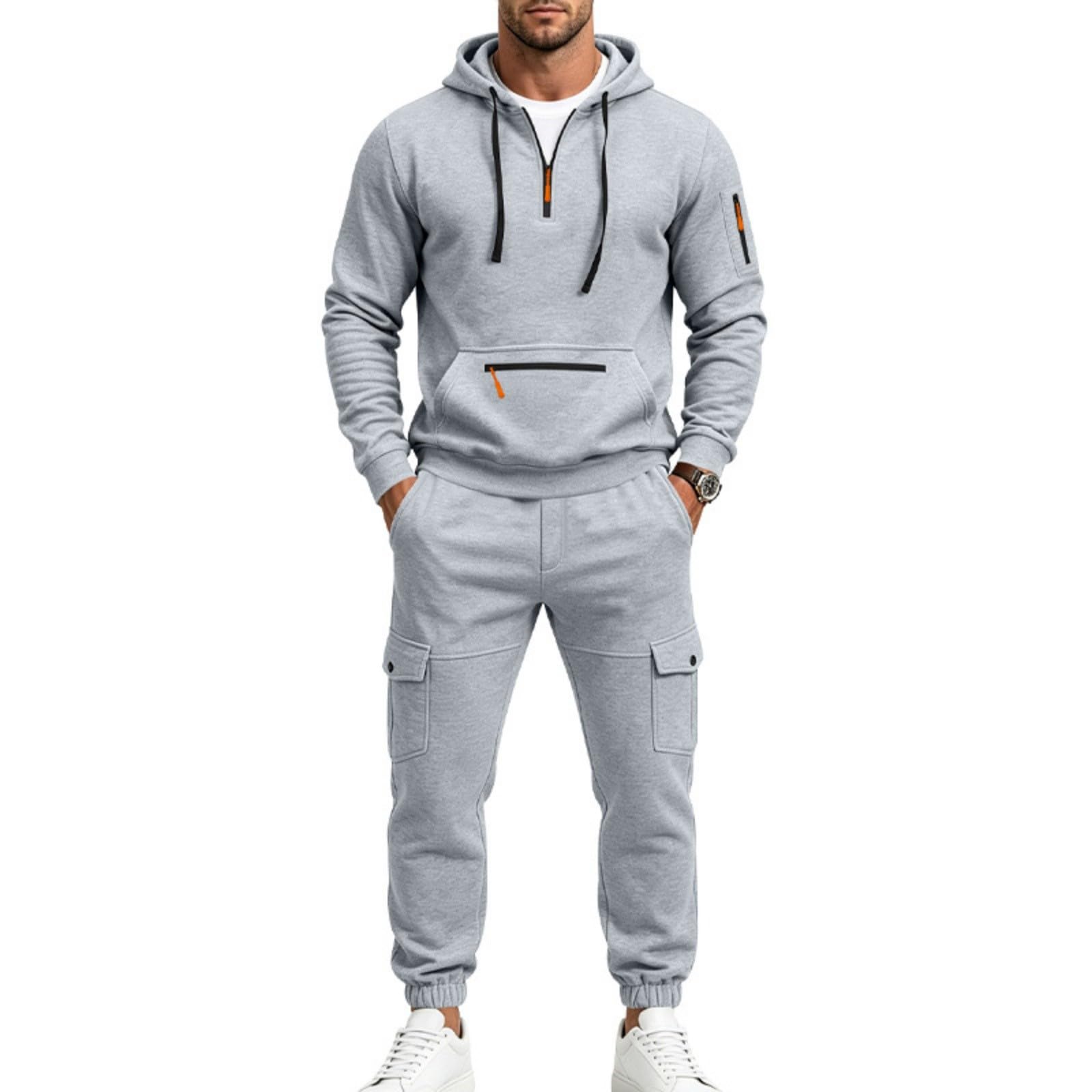 Tuta da uomo con cappuccio e pantaloni della tuta cargo con mezza zip