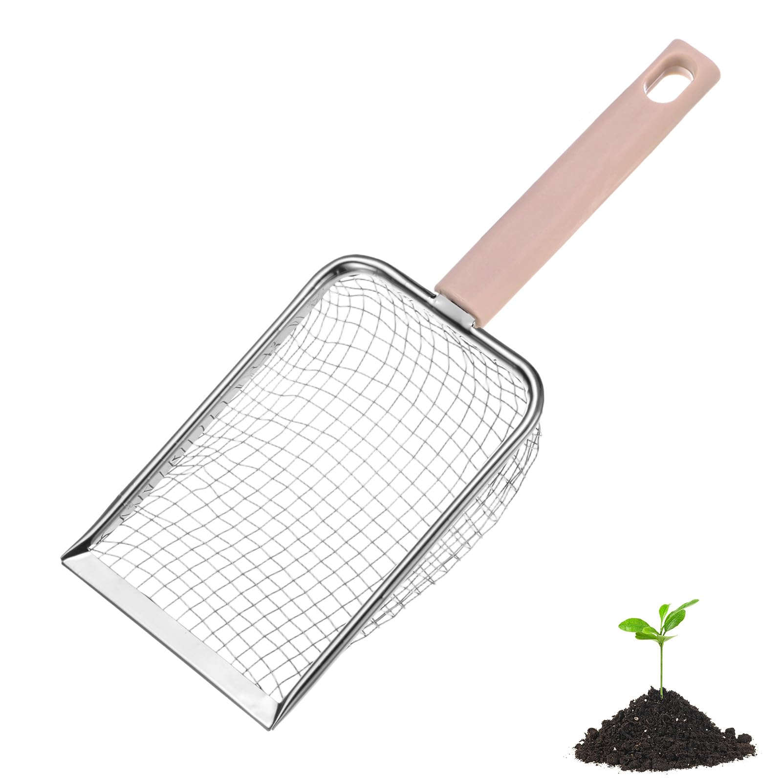 M METERXITY 1-Pack Gardening Soil Sifter, 5 mm Mesh Stainless Steel Portable Gardening Sifter with Plastic Handle for Sand/Dirt/Rock/Compost [White, Pink]