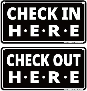 GEEKBEAR Check In Here/Check Out Here Sign (Black, 2 Pack) - Hanging from Ceiling - 12 x 6 in