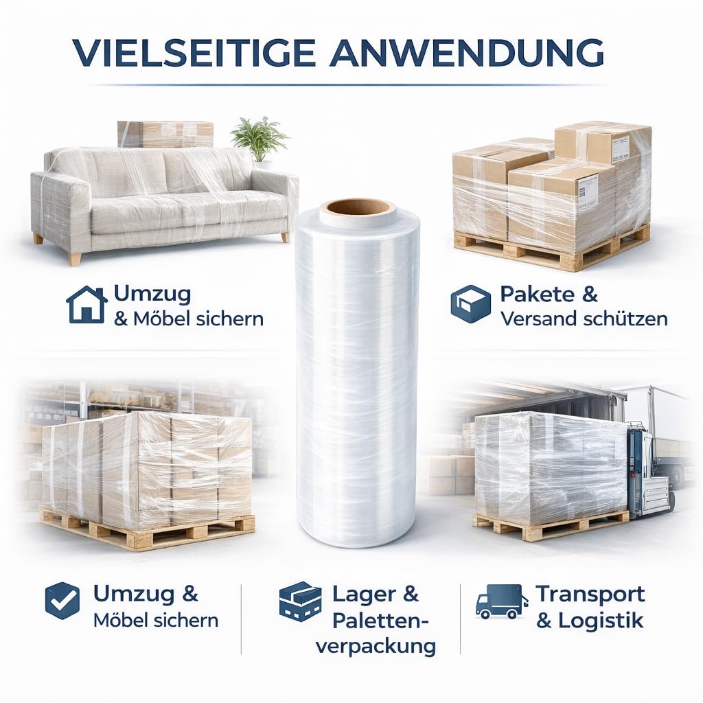 All4All Stretchfolie Transparent 2,4kg - 23 µm – 12 Rollen - 240 m x 50 cm – Handstretchfolie für Paletten - Verpackungsfolie - Wickelfolie - Reißfest - 150% Dehnbar - Umzug Stretchfolierolen
