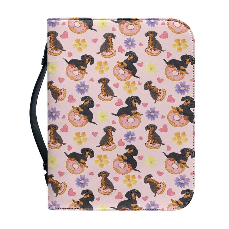 Kuiaobaty Cartoon Dachshund PU Leather Carrying Book Case Bible Protective with Handle,Cute Doughnut Christian Art Gifts for Mother,Father,Wife,Kids — image 1