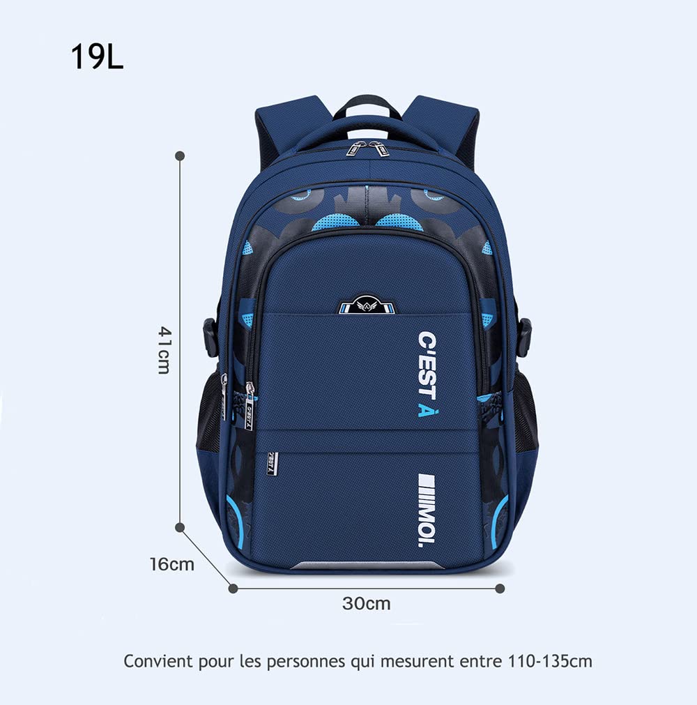 BININBOX Sac à Dos Scolaire Enfant Garçon Primaire (Bleu, 41cm,19L) | Tissu Oxford Étanche Durable, Grande Capacité à 3 Couches, Bretelles Ergonomiques Matelassées