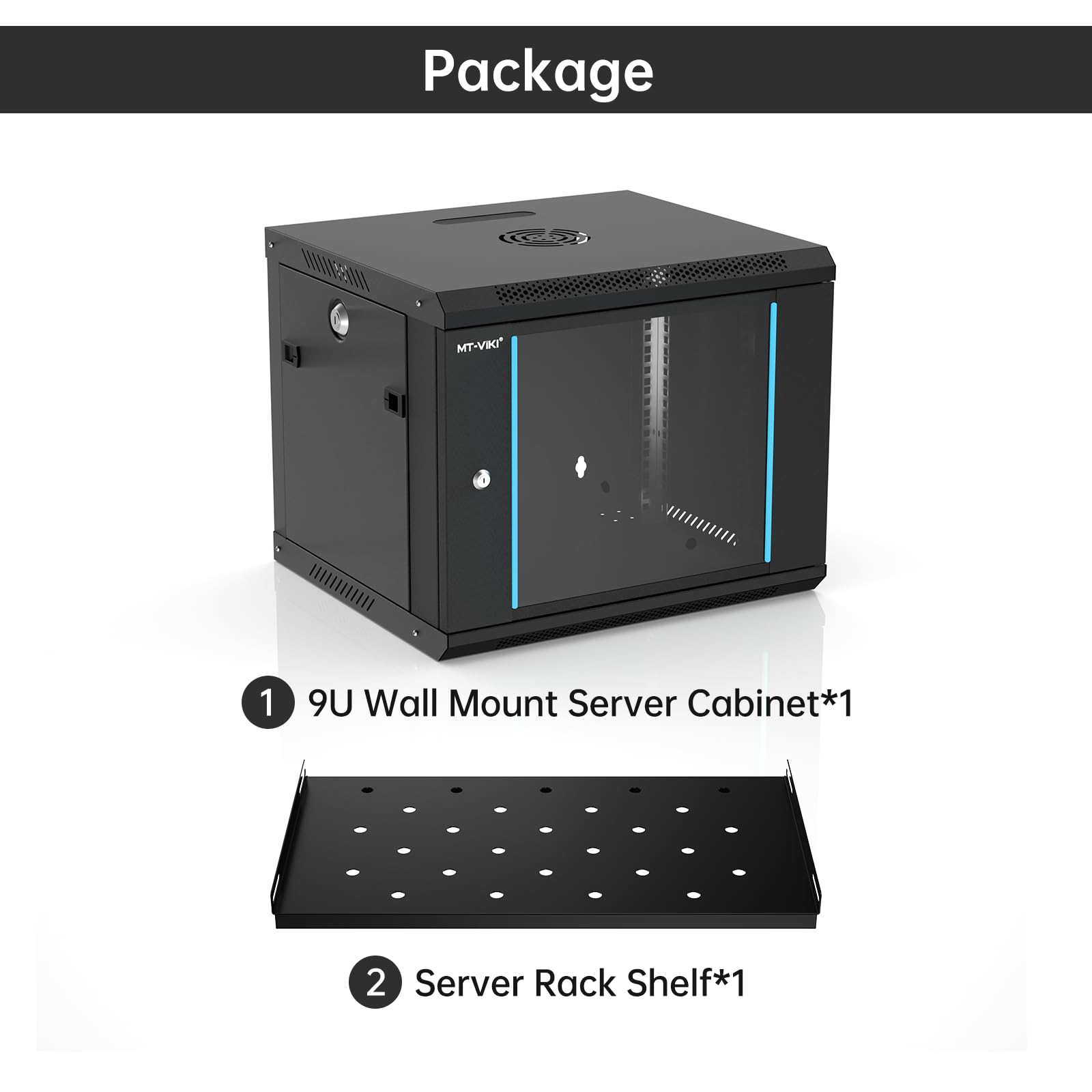MT-VIKI Armadio di rete per server 9U con montaggio a parete, 0,8 mm di spessore, 450 mm di profondità, per apparecchiature IT da 19", incluso 1 ripiano per rack