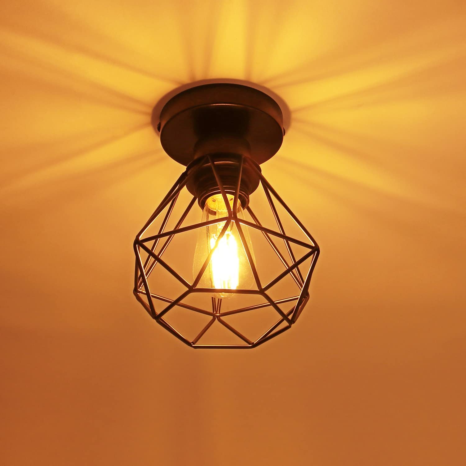 iDEGU 4 Piezas Lámparas de Techo Vintage Ø16cm E27 Iluminación de Techo Plafon Retro Lámparas Colgante Industrial Estilo Jaula Diamante en Metal Luz de Techo Para Pasillo Dormitorio (Jaula B, Negro)