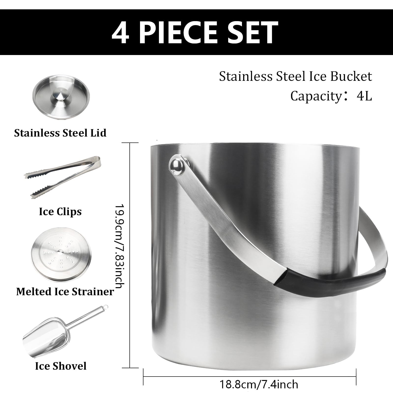 4L eiswürfelbehälter mit deckel sektkühler flaschenkühler champagner kühler doppelwandiger Eiskübel aus Edelstahl mit Deckel Sieb Eisschaufel und Eiszange für Partys Bier Cocktailbars