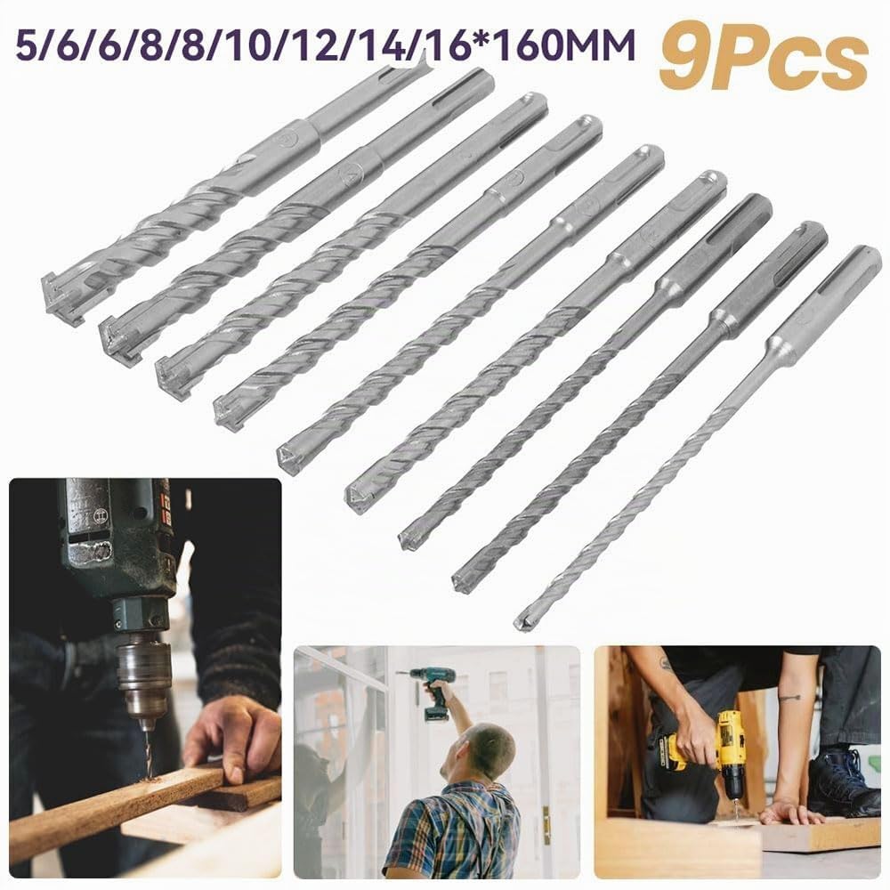 Perceuse 9 pièces SDS Plus jeu de forets pour mur en béton bloc de briques maçonnerie scie trépan marteau électrique forets 5 6 6 8 8 10 12 14 16 x 160 mm