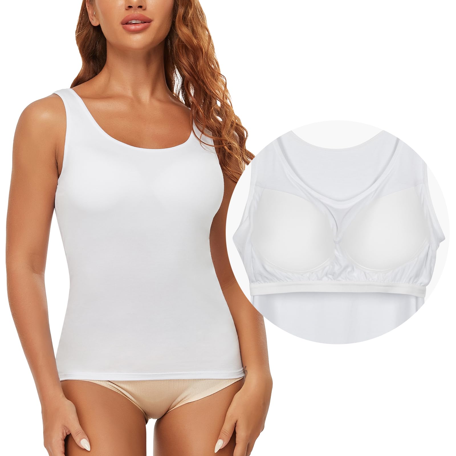 SLIMBELLE Sujetador para mujer, camisa básica, camiseta de tirantes con sujetador integrado, tirantes anchos, sin costuras, acolchado, bustier de cuello redondo Bralette
