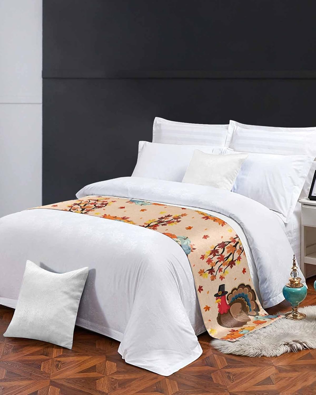 Thanksgiving Bed Runner Scarf Fall Turkey Pumpkin Maple Leaves Linen Bedding Scarf Decorative Bed Runners Cover for Home Bedroom Hotel Wedding Room Bed Scarf for Foot of Bed Queen 83x20in