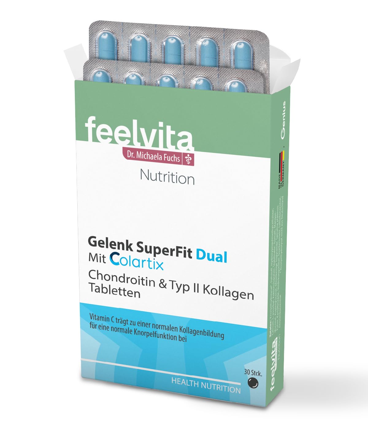 Genius Feelvita Nutrition Gelenk SuperFit Dual Tabletten - hochdosiert für normale Knochen, Knorpel und Bindegewebe sowie der normalen Kollagenbildung ohne Zusätze 30 Tabletten