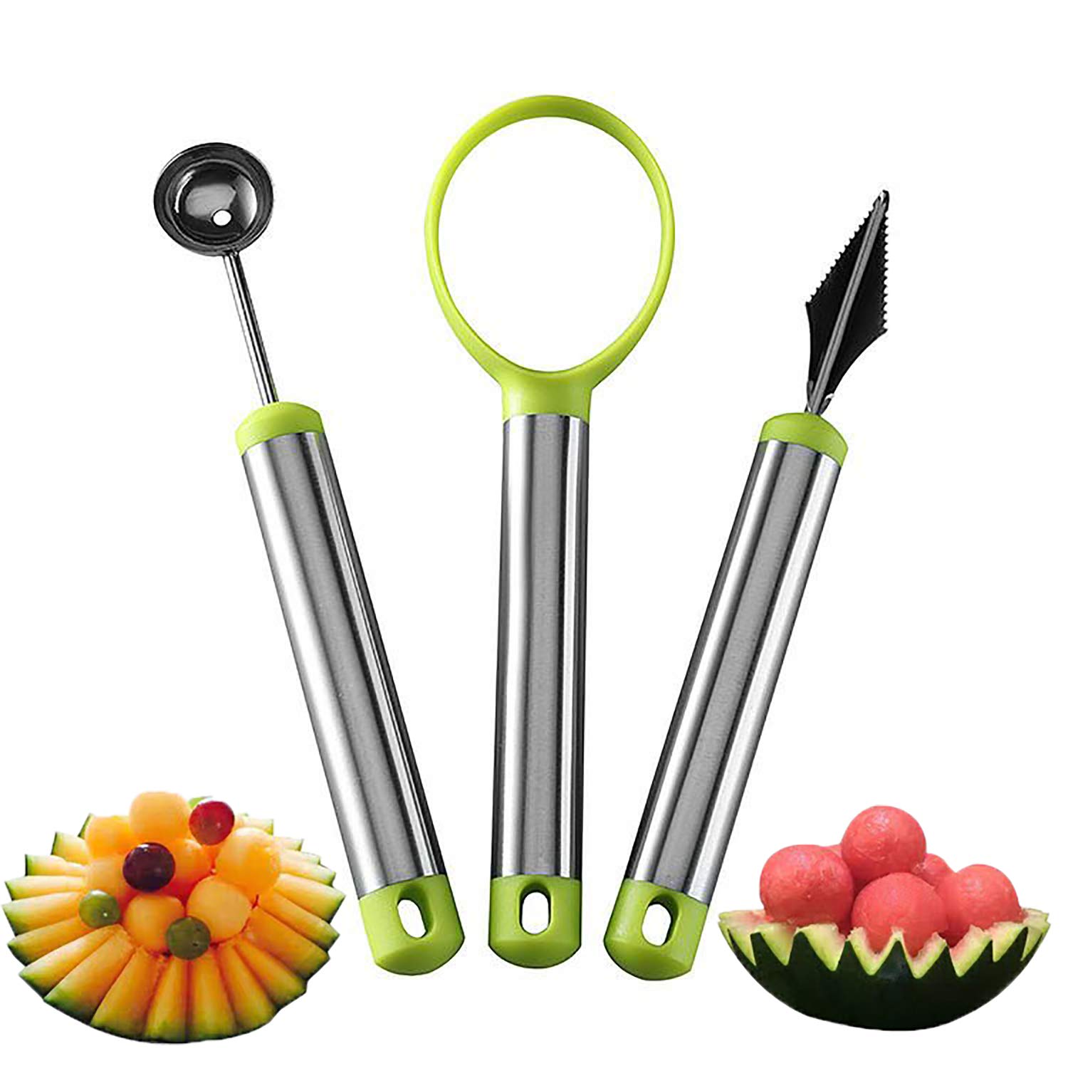 Melon Baller Scoop Set,Melon Corer Peeler, 3 In 1 Stainless Steel Fruit Carving Tools, Seed Remover for Watermelon Slicer,Perfect Tool for Making Fruit Salad in Kitchen.(3 in 1)