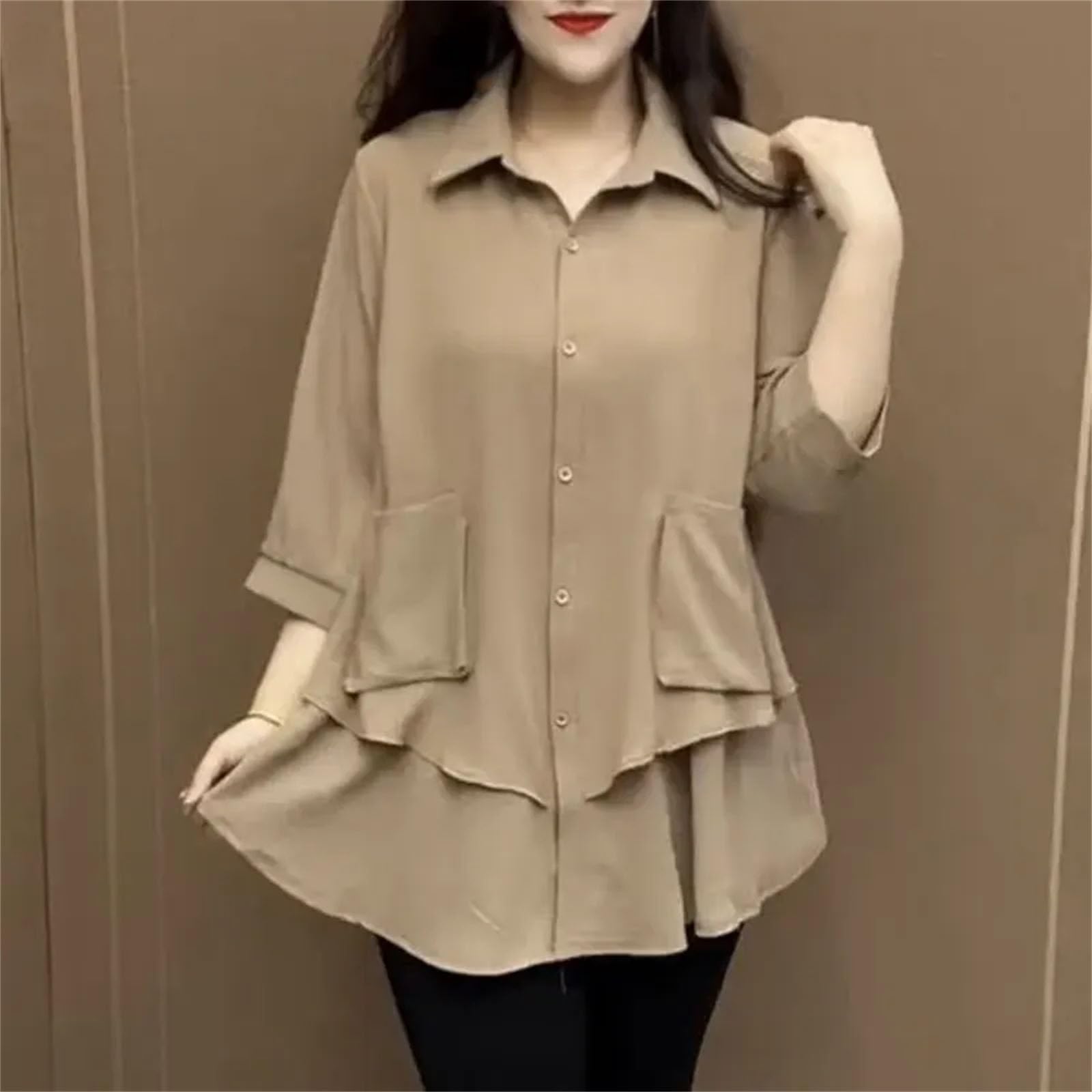 Blusa holgada con bolsillos de retazos para mujer, con solapa, manga 3/4, color liso, camisa de un solo pecho