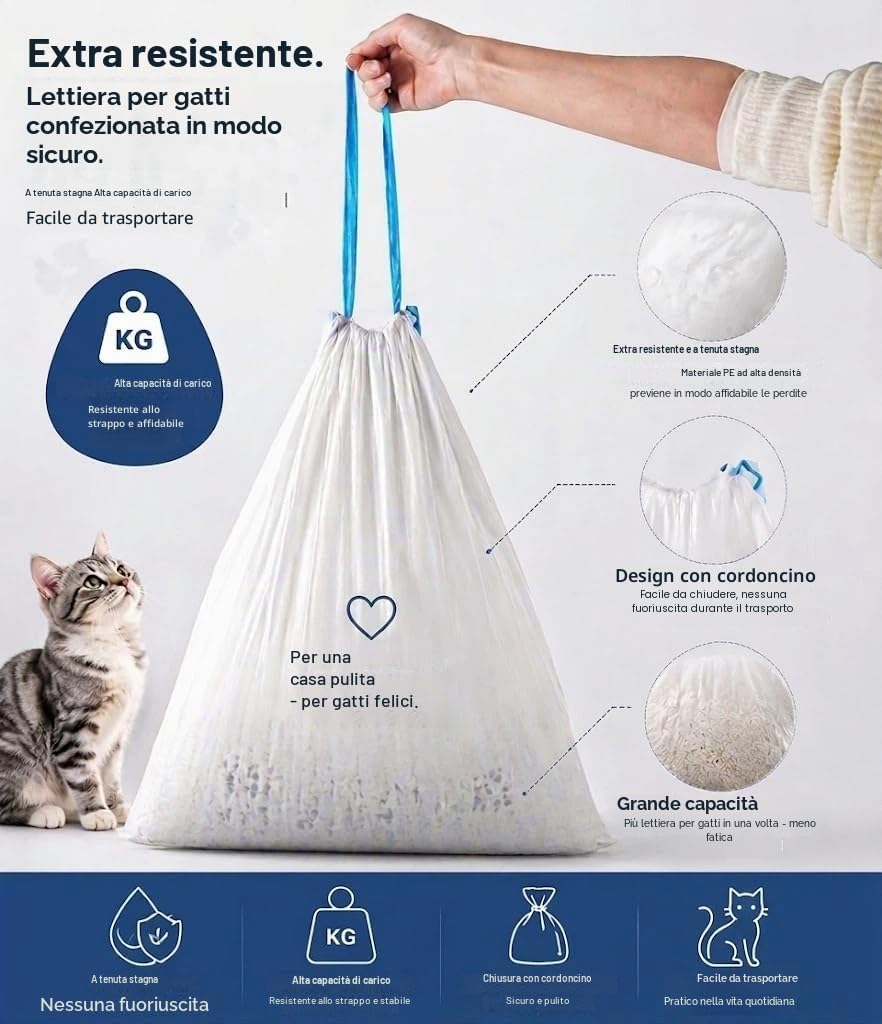 RMAN 90 Piezas Bolsas Arenero Gatos con Cordón Grande Bolsa Basura para Arenero Gatos Autolimpiable, Resistentes a Líquidos y Rasgaduras, Antiolor, 50 x 45 cm, 6 Rollos