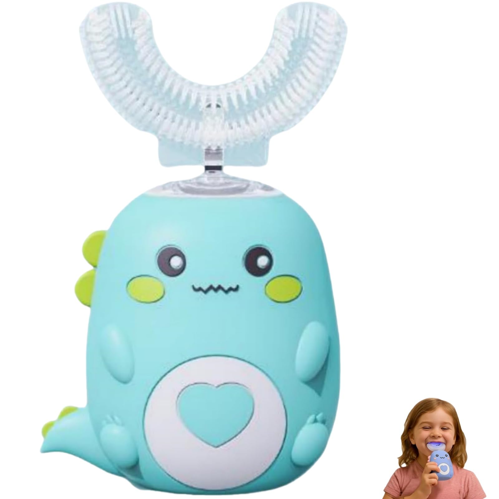 LoulouSmile DinoBrush – Brosse À Dents 360° Pour Enfants，Fabriqué En Silicone, Rechargeable Et Étanche, Forme De U, Pour La Maison, Les Voyages, Un Usage (Vert 2 À 6 Ans)