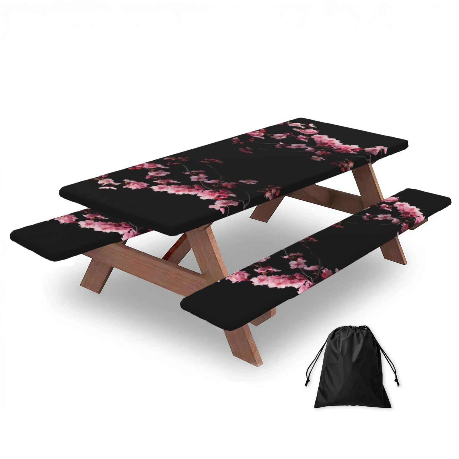 Japanese Cherry Flowers Print 3 Pack Wipeable Picnic Bench Cover And Table Cover Lightweight Table Cloth For Camping Outdoor